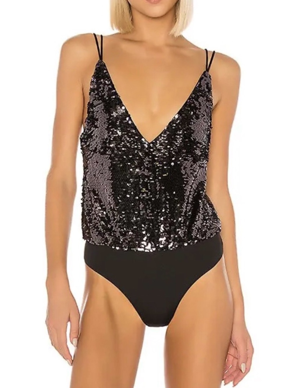 Lovers + Friends Ever Sequin Bodysuit Medium Silver Black Spaghetti Strap Party